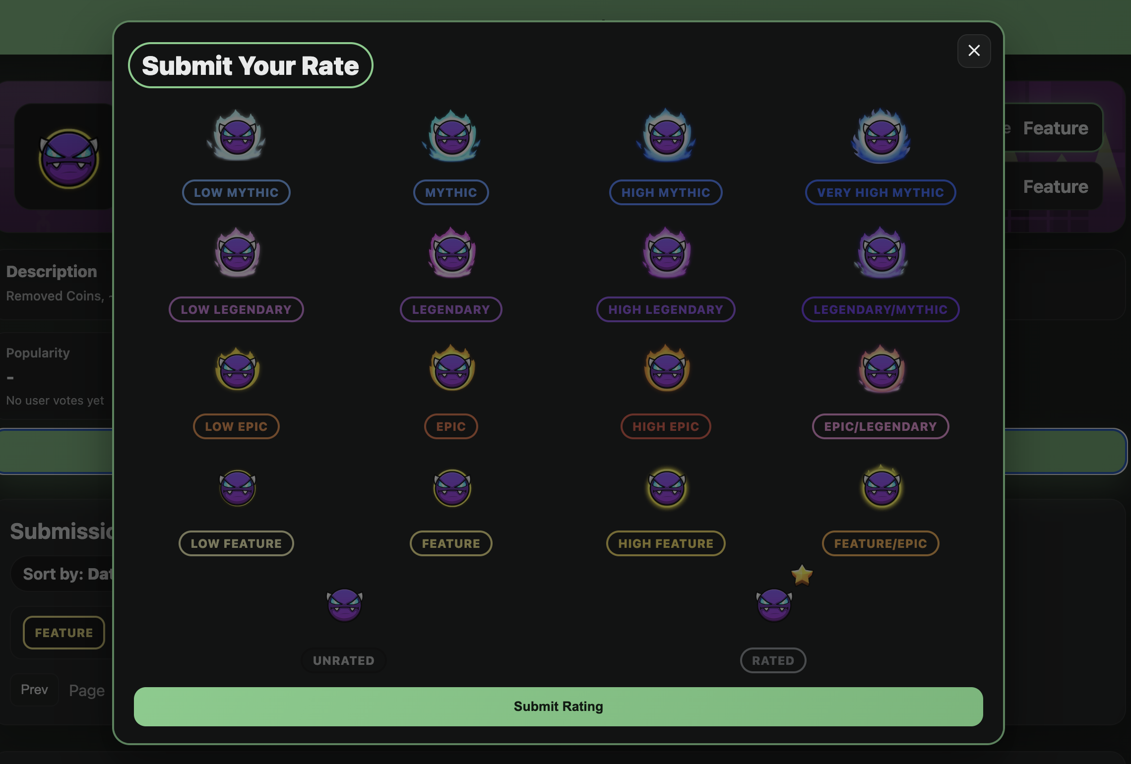 Submit rating page example